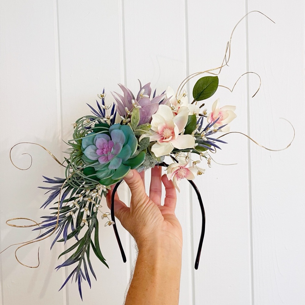 Hand crafted succulent and gold accented fascinator